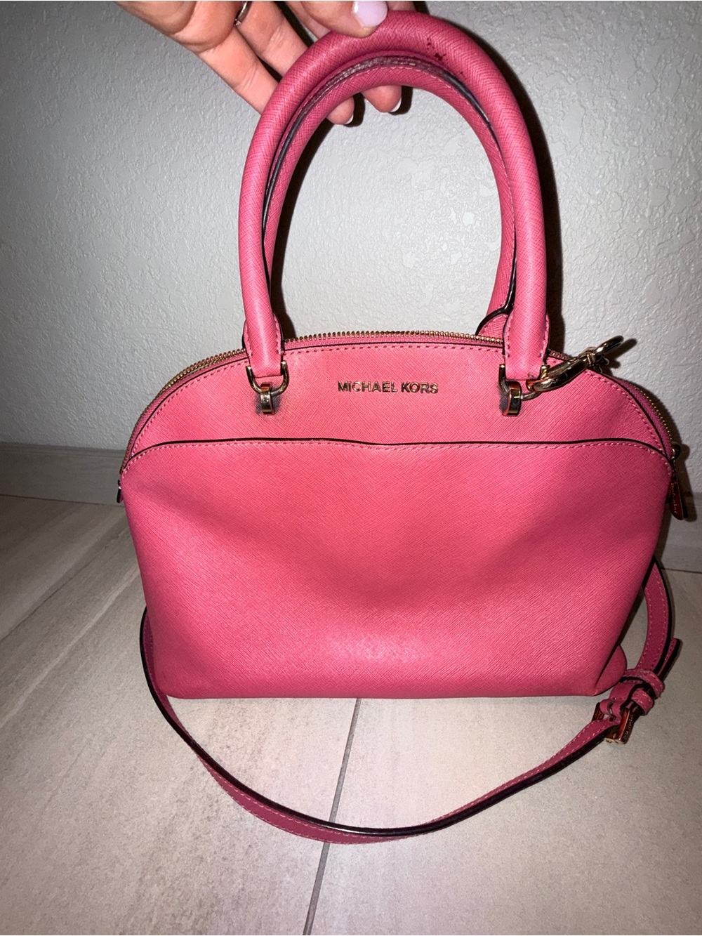 MICHAEL KORS Coral Pink Saffiano Dome Satchel with Shoulder Strap